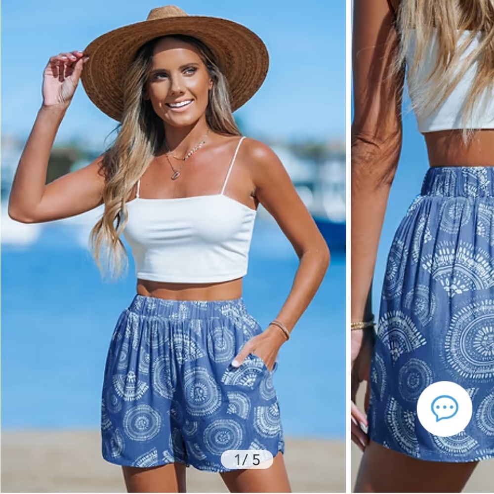 NWT Cupshe Sky Blue Abstract Swirl Elastic Waist Shorts, Size Large